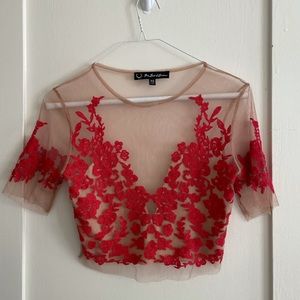 for love and lemons nude & red sheer lace crop top